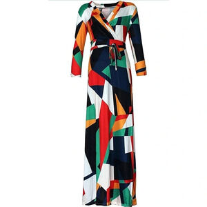 Locryz Women's V Neck 3/4 Sleeve Primary Multicolored Long Maxi Dress Sz S